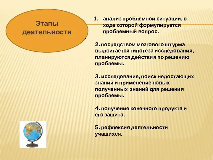 Этапы деятельности анализ проблемной ситуации, в ходе которой формулируется проблемный вопрос.