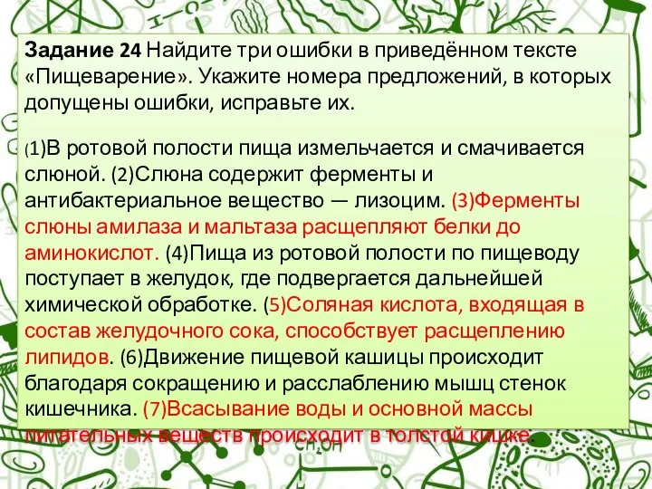 Задание 24 Найдите три ошибки в приведённом тексте «Пищеварение». Укажите номера