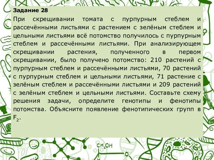 Задание 28 При скрещивании томата с пурпурным стеблем и рассечёнными листьями