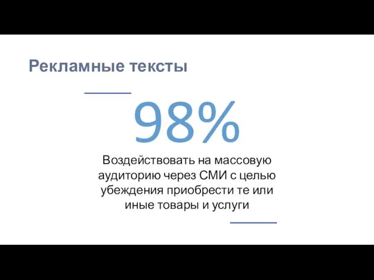 Рекламные тексты 98% Воздействовать на массовую аудиторию через СМИ с целью