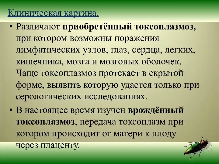 Клиническая картина. Различают приобретённый токсоплазмоз, при котором возможны поражения лимфатических узлов,