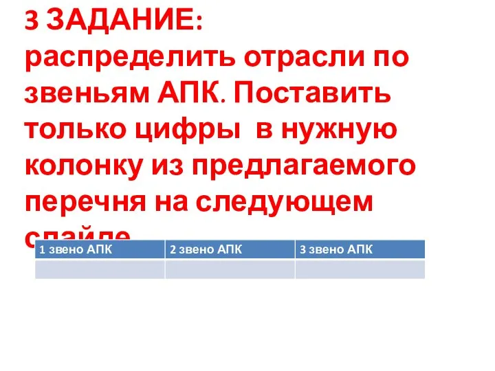 3 ЗАДАНИЕ: распределить отрасли по звеньям АПК. Поставить только цифры в