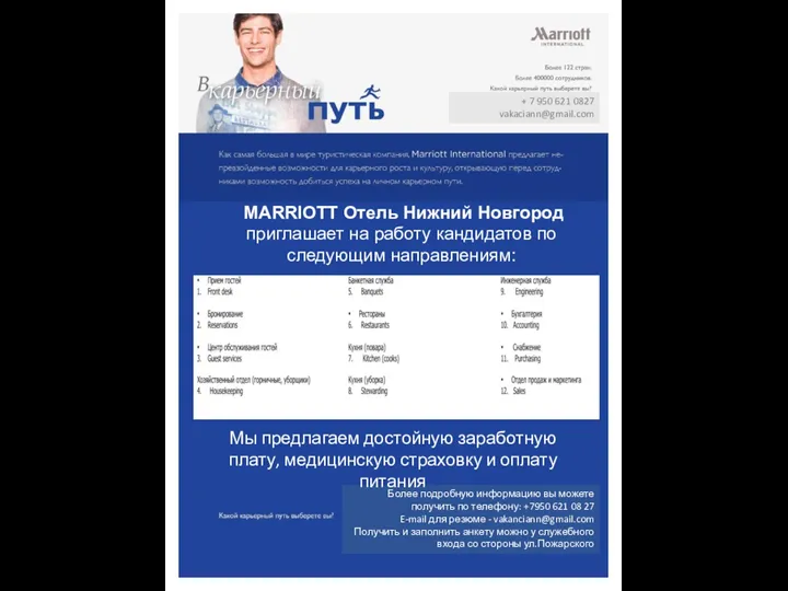 MARRIOTT Отель Нижний Новгород приглашает на работу кандидатов по следующим направлениям: