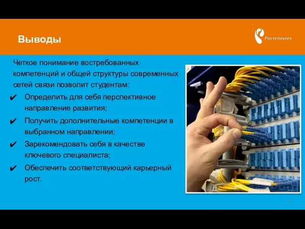 Выводы Четкое понимание востребованных компетенций и общей структуры современных сетей связи