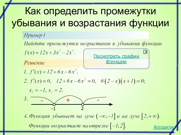 Как определить промежутки убывания и возрастания функции -1 2 + -