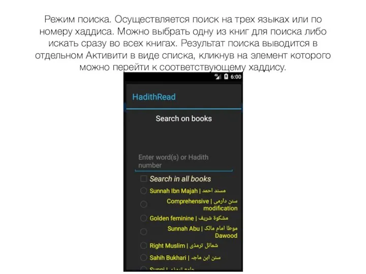 Режим поиска. Осуществляется поиск на трех языках или по номеру хаддиса.