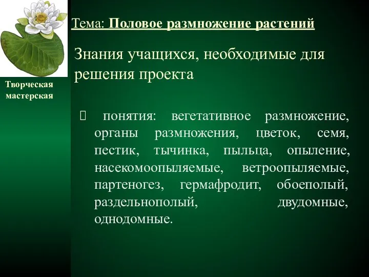 Знания учащихся, необходимые для решения проекта понятия: вегетативное размножение, органы размножения,