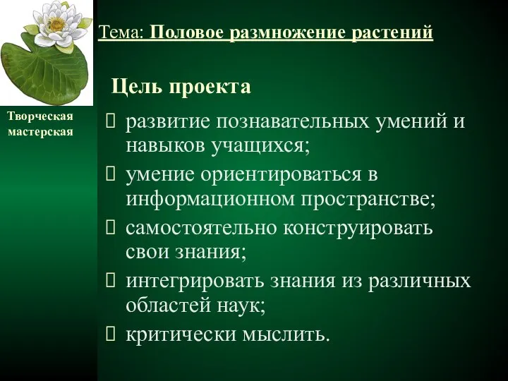 Цель проекта развитие познавательных умений и навыков учащихся; умение ориентироваться в