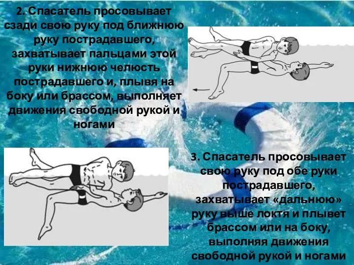 2. Спасатель просовывает сзади свою руку под ближнюю руку пострадавшего, захватывает