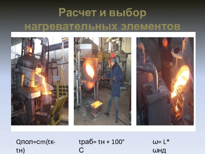 Расчет и выбор нагревательных элементов Qпол=сm(tк- tн) tраб= tн + 100°С ω= L* ωнд