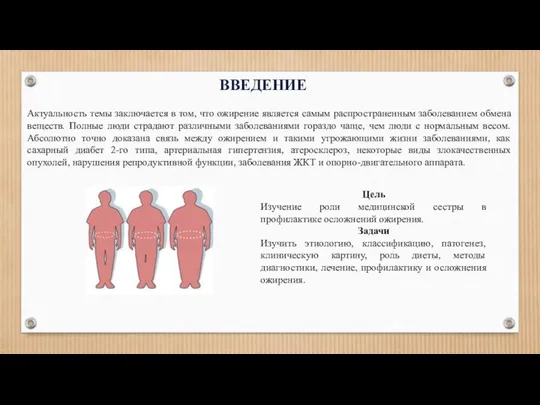 ВВЕДЕНИЕ Актуальность темы заключается в том, что ожирение является самым распространенным