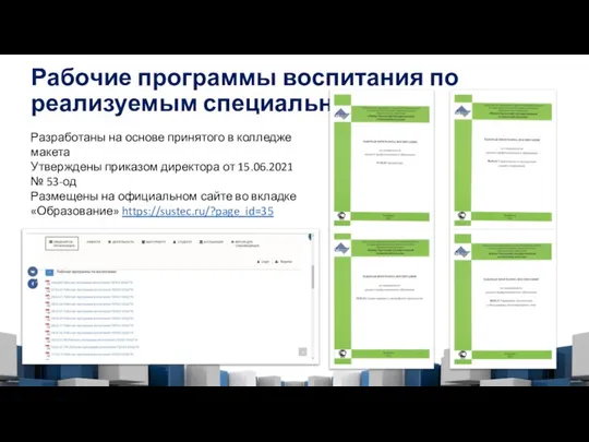 Рабочие программы воспитания по реализуемым специальностям Разработаны на основе принятого в