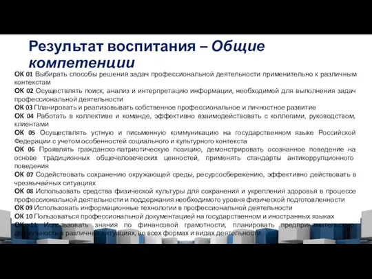 Результат воспитания – Общие компетенции ОК 01 Выбирать способы решения задач