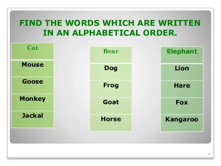 FIND THE WORDS WHICH ARE WRITTEN IN AN ALPHABETICAL ORDER.