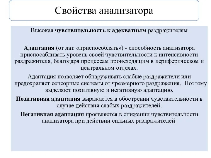 Свойства анализатора Высокая чувствительность к адекватным раздражителям Адаптация (от лат. «приспособлять»)