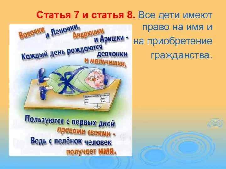 Статья 7 и статья 8. Все дети имеют право на имя и на приобретение гражданства.