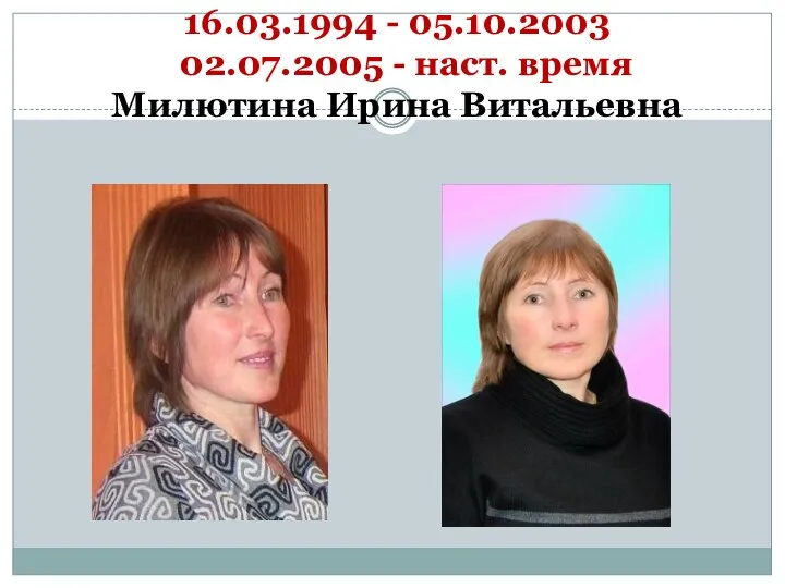 16.03.1994 - 05.10.2003 02.07.2005 - наст. время Милютина Ирина Витальевна