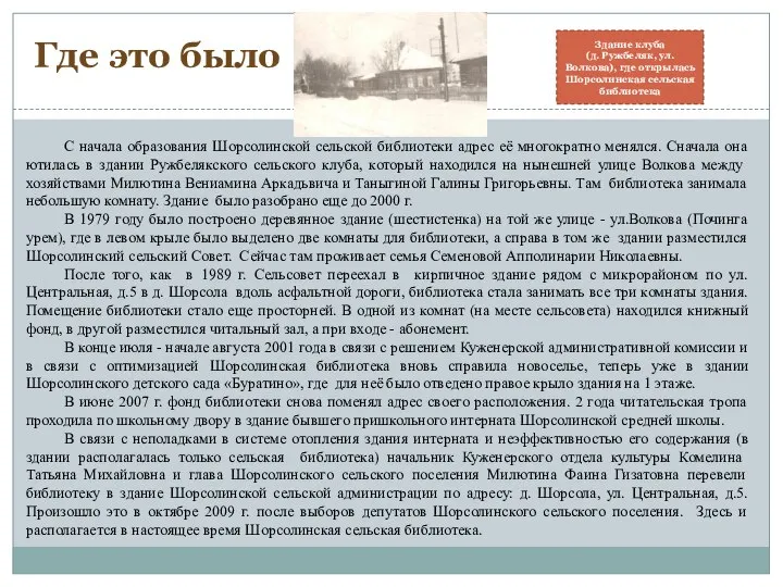 Где это было С начала образования Шорсолинской сельской библиотеки адрес её