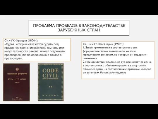 ПРОБЛЕМА ПРОБЕЛОВ В ЗАКОНОДАТЕЛЬСТВЕ ЗАРУБЕЖНЫХ СТРАН Ст. 4 ГК Франции (1804г.):