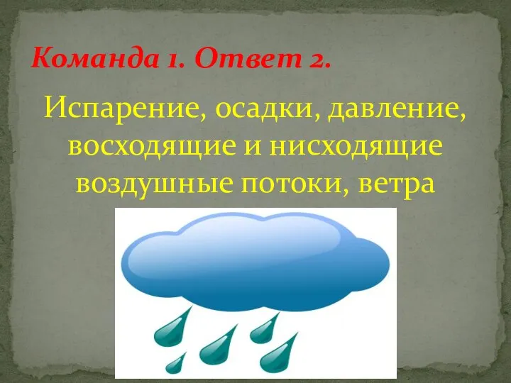 Испарение, осадки, давление, восходящие и нисходящие воздушные потоки, ветра Команда 1. Ответ 2.