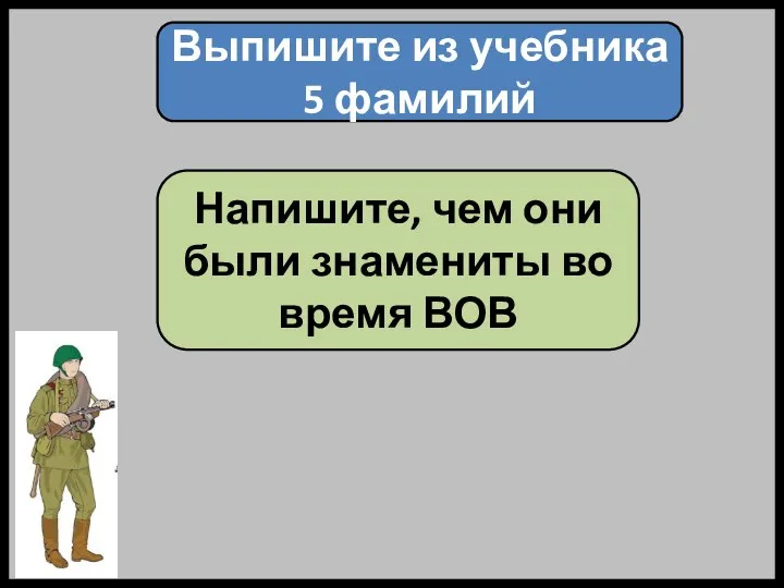 Выпишите из учебника 5 фамилий Напишите, чем они были знамениты во время ВОВ