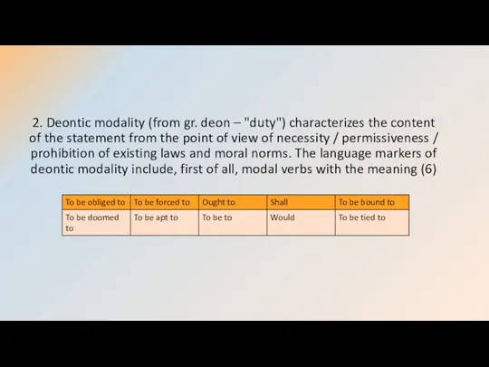 2. Deontic modality (from gr. deon – "duty") characterizes the content