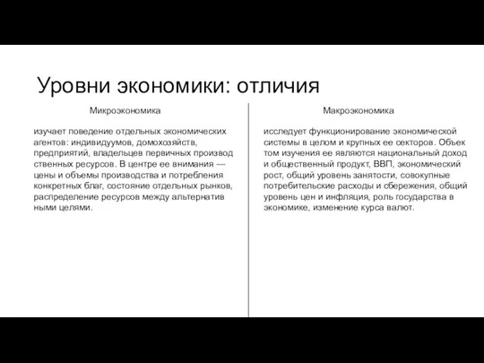 Уровни экономики: отличия Микроэкономика Макроэкономика изу­ча­ет поведение от­дель­ных экономических агентов: индивидуумов,