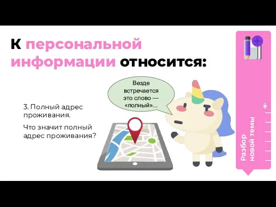 Разбор новой темы К персональной информации относится: 3. Полный адрес проживания.