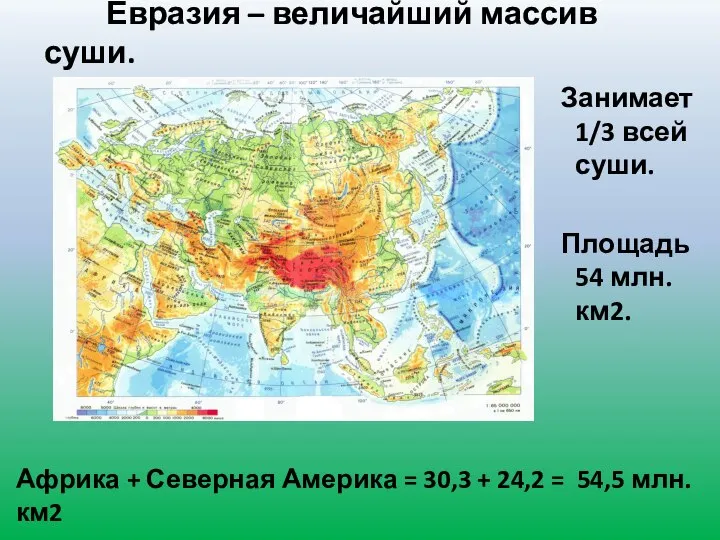 Евразия – величайший массив суши. Занимает 1/3 всей суши. Площадь 54