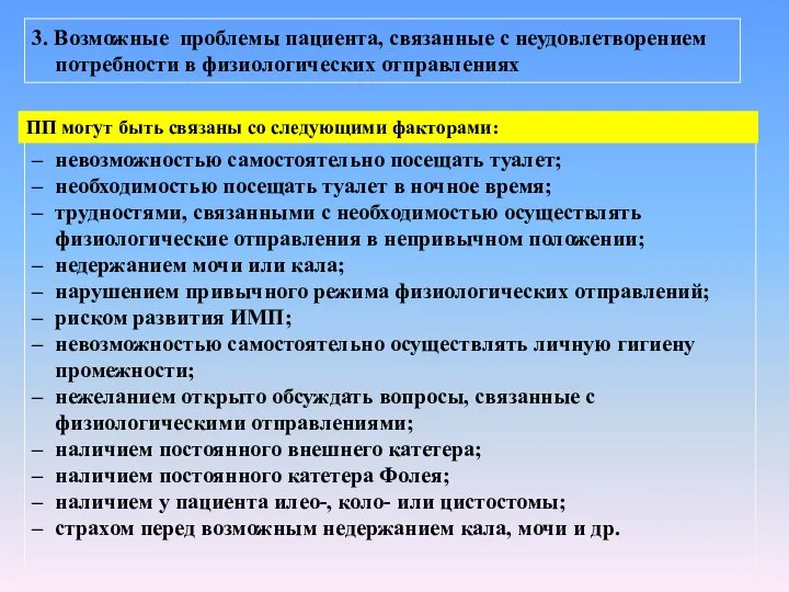 3. Возможные проблемы пациента, связанные с неудовлетворением потребности в физиологических отправлениях