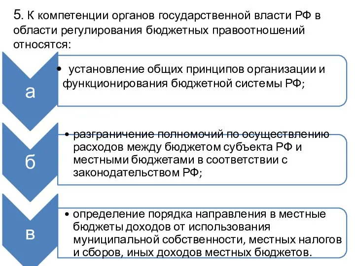 5. К компетенции органов государственной власти РФ в области регулирования бюджетных правоотношений относятся: