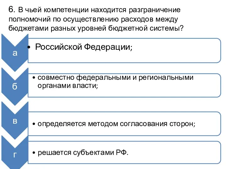 6. В чьей компетенции находится разграничение полномочий по осуществлению расходов между бюджетами разных уровней бюджетной системы?