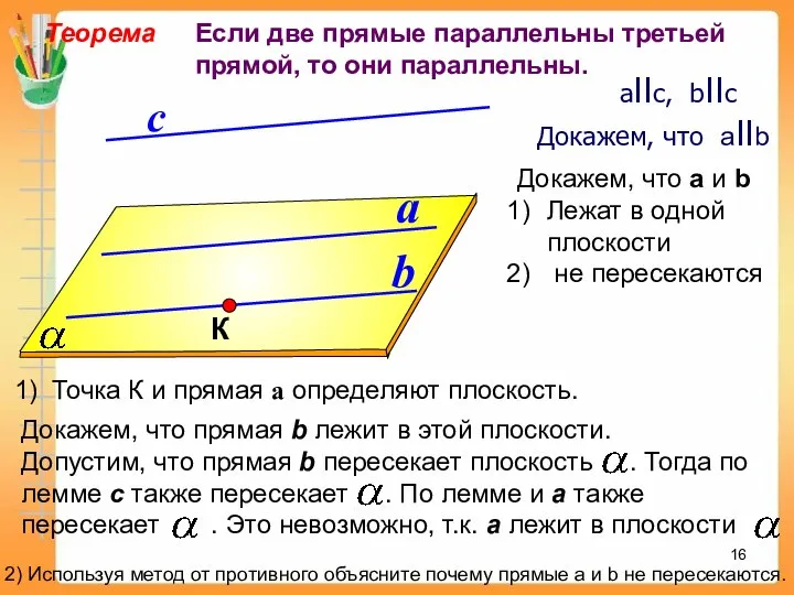 a b с Теорема Если две прямые параллельны третьей прямой, то