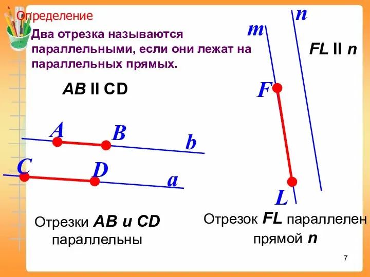 Два отрезка называются параллельными, если они лежат на параллельных прямых. a