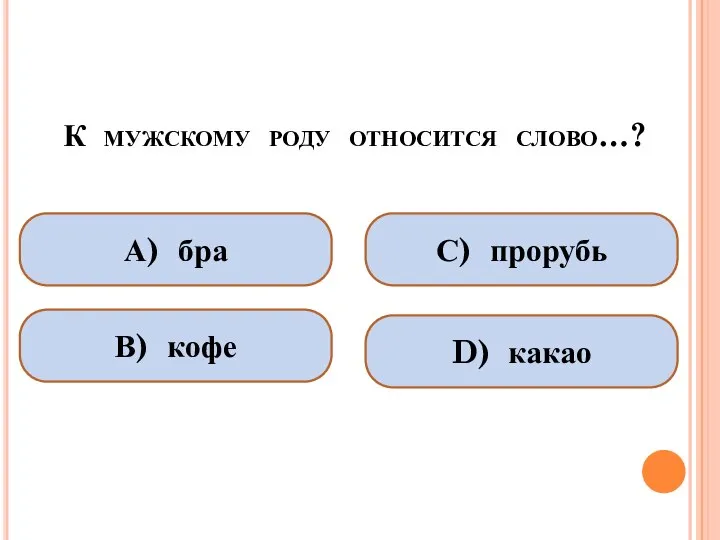 К мужскому роду относится слово…? А) бра В) кофе С) прорубь D) какао