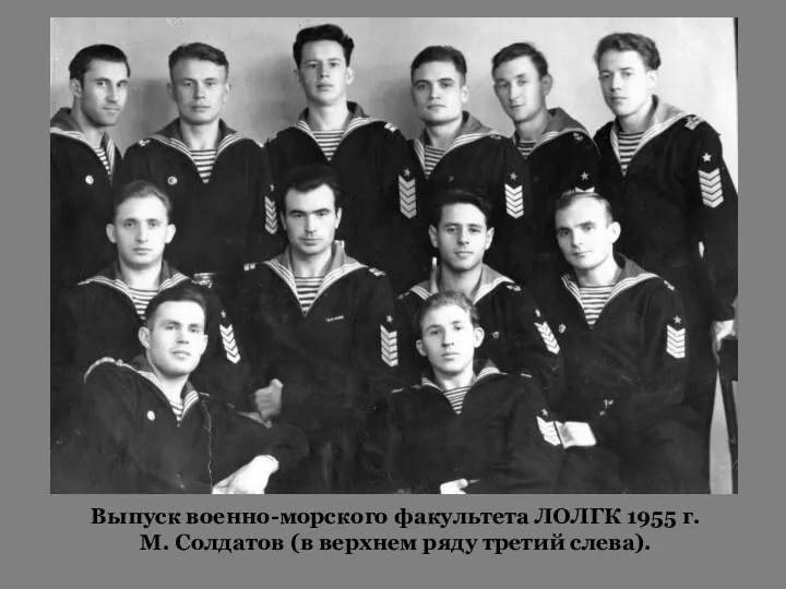 Выпуск военно-морского факультета ЛОЛГК 1955 г. М. Солдатов (в верхнем ряду третий слева).