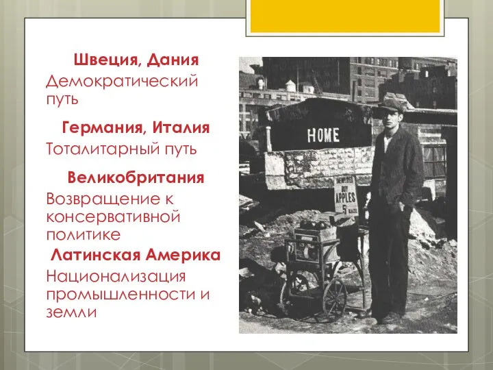 Швеция, Дания Демократический путь Германия, Италия Тоталитарный путь Великобритания Возвращение к