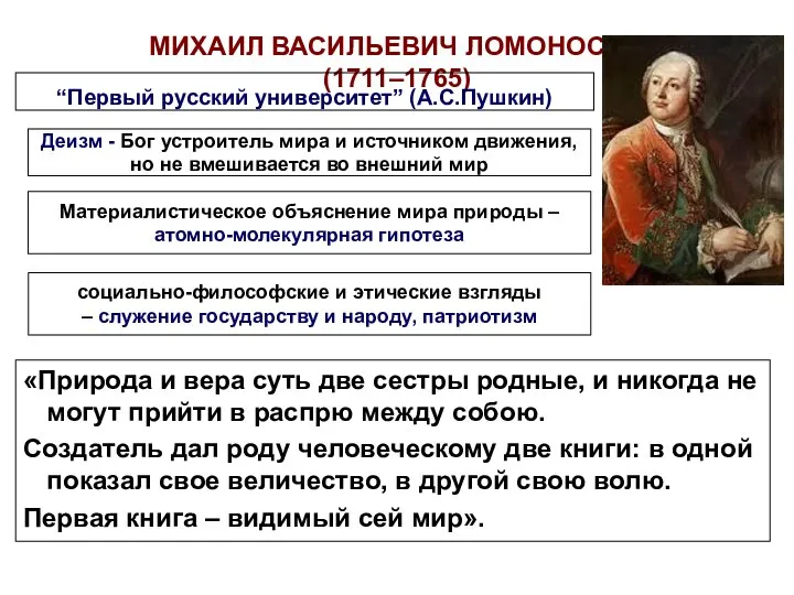 МИХАИЛ ВАСИЛЬЕВИЧ ЛОМОНОСОВ (1711–1765) «Природа и вера суть две сестры родные,