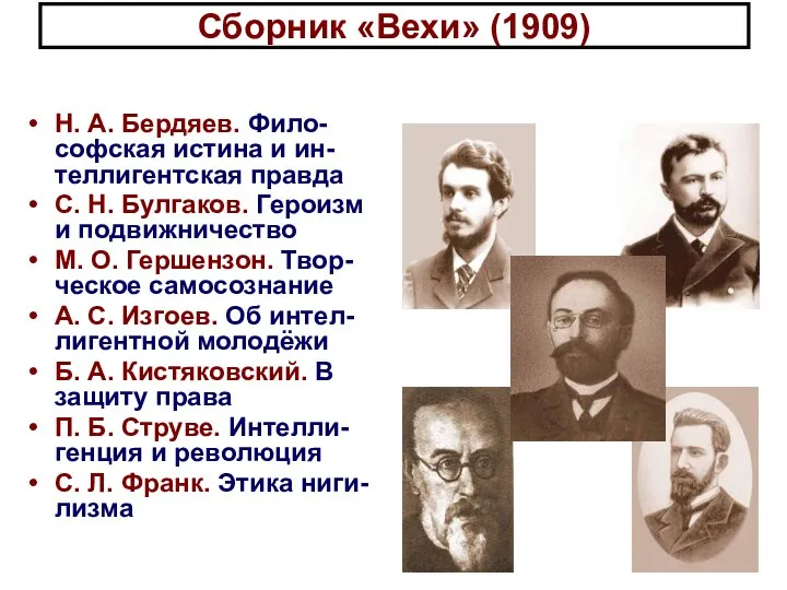 Сборник «Вехи» (1909) Н. А. Бердяев. Фило-софская истина и ин-теллигентская правда