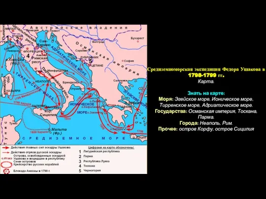 Средиземноморская экспедиция Федора Ушакова в 1798-1799 гг. Карта. Знать на карте: