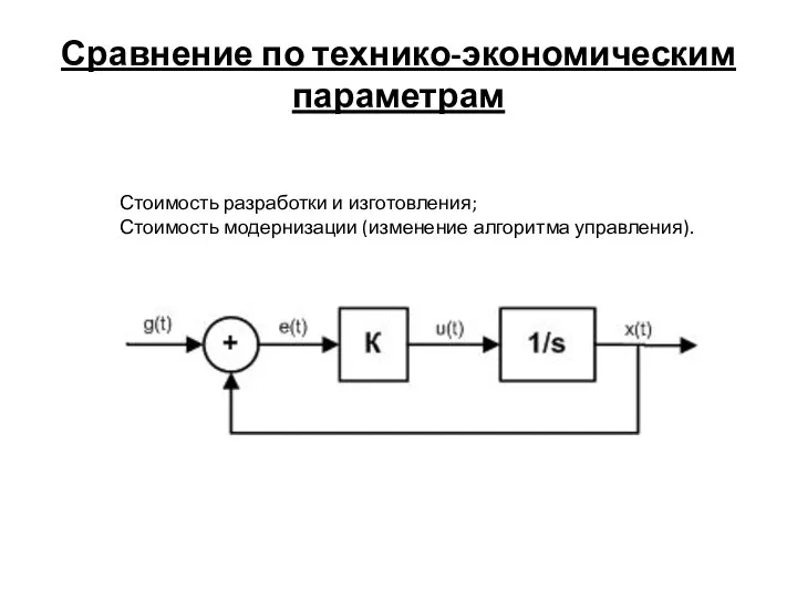 Сравнение по технико-экономическим параметрам Стоимость разработки и изготовления; Стоимость модернизации (изменение алгоритма управления).