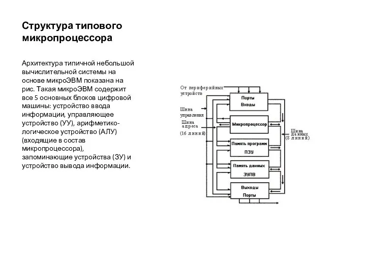 Структура типового микропроцессора Архитектура типичной небольшой вычислительной системы на основе микроЭВМ