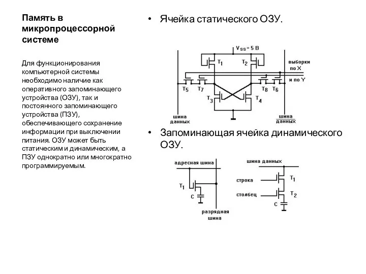 Память в микропроцессорной системе Ячейка статического ОЗУ. Запоминающая ячейка динамического ОЗУ.