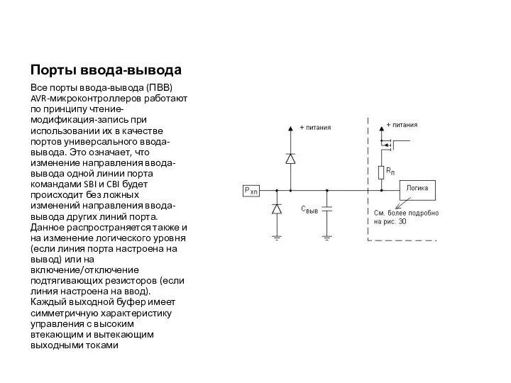 Порты ввода-вывода Все порты ввода-вывода (ПВВ) AVR-микроконтроллеров работают по принципу чтение-модификация-запись