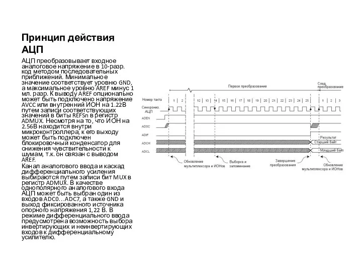 Принцип действия АЦП АЦП преобразовывает входное аналоговое напряжение в 10-разр. код