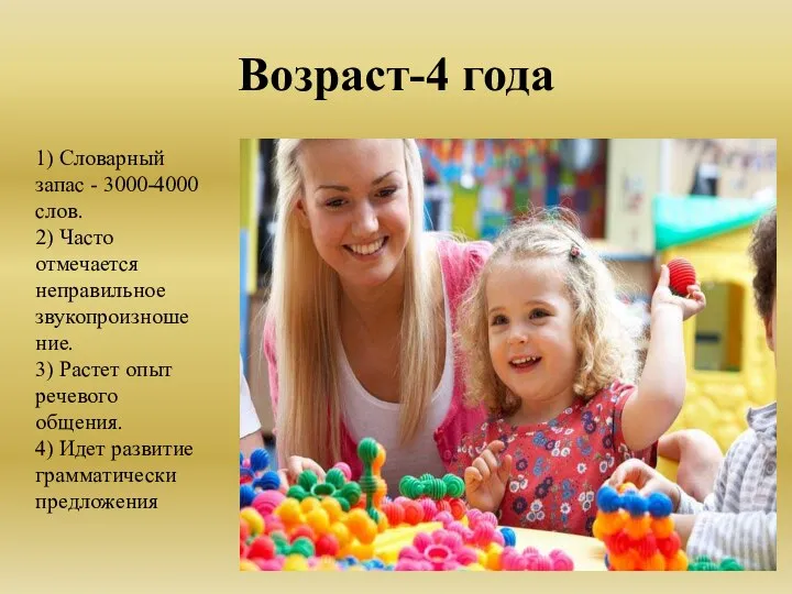 Возраст-4 года 1) Словарный запас - 3000-4000 слов. 2) Часто отмечается