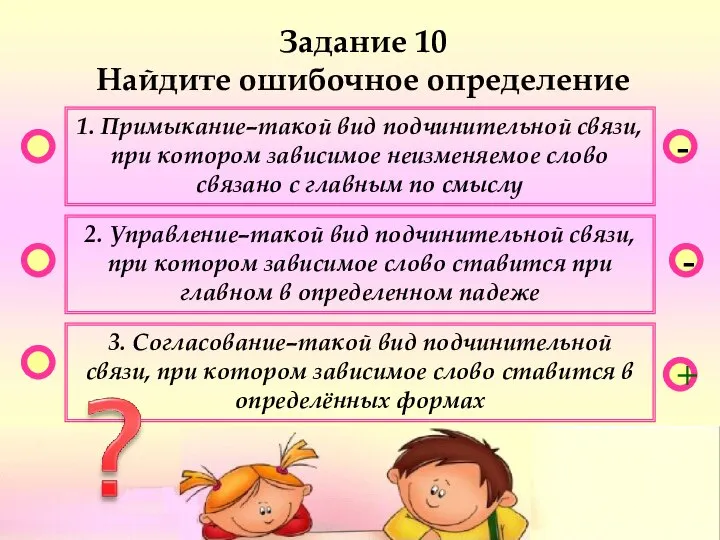 - - + Задание 10 Найдите ошибочное определение 1. Примыкание–такой вид