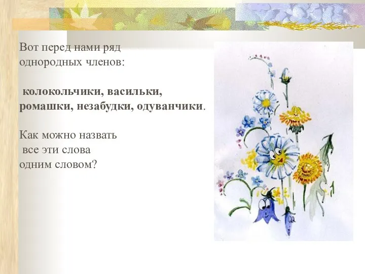 Вот перед нами ряд однородных членов: колокольчики, васильки, ромашки, незабудки, одуванчики.