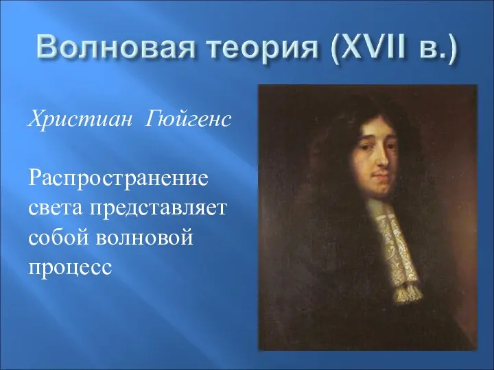 Христиан Гюйгенс Распространение света представляет собой волновой процесс