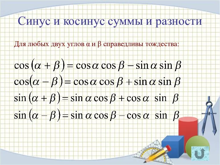 Синус и косинус суммы и разности Для любых двух углов α и β справедливы тождества: